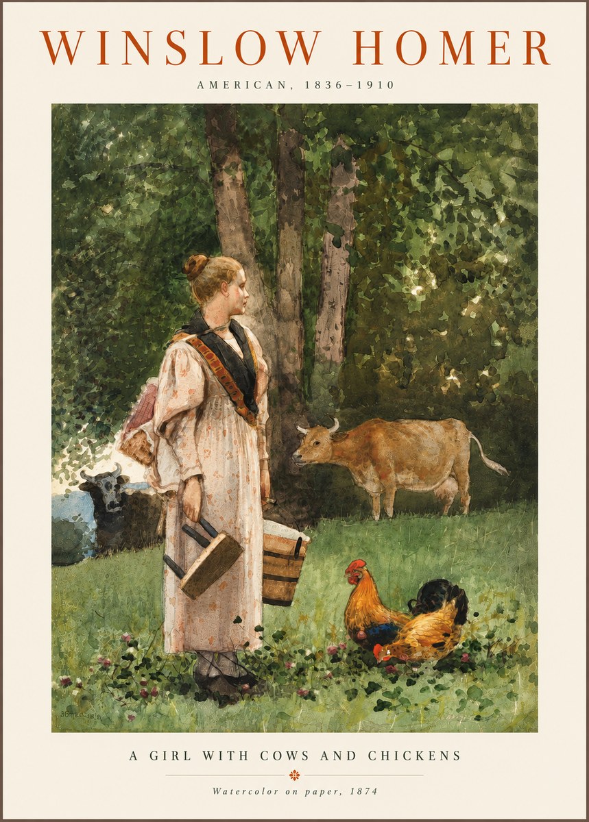 Winslow Homer A Girl with Cows and Chickens No6 - Poster
