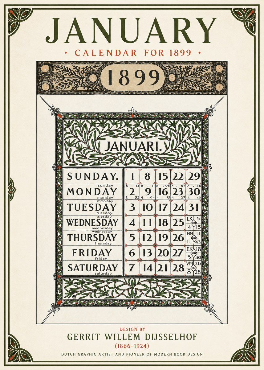 Gerrit Willem Dijsselhof January. Calendar for 1899. No1 - Poster