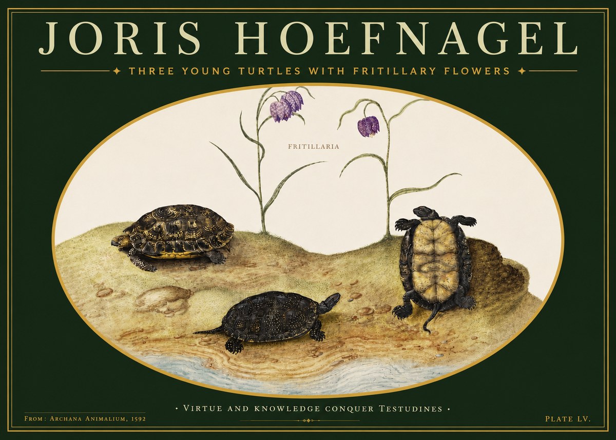 Joris Hoefnagel Three Young Turtles with Fritillary Flowers No3 - Poster
