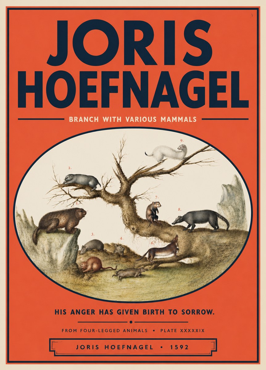 Joris Hoefnagel Branch with Various Mammals No5 - Poster