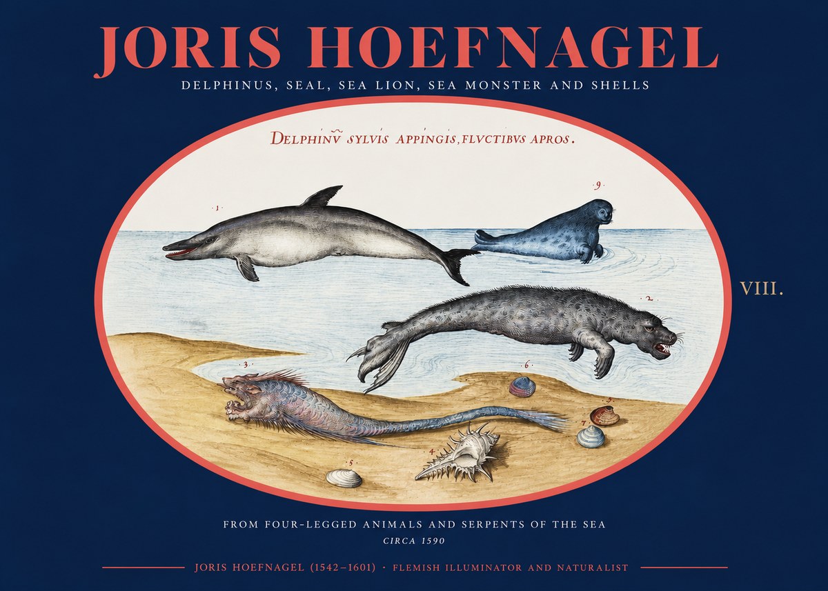 Joris Hoefnagel Delphinus, Seal, Sea Lion, Sea Monster and Shells No2 - Poster