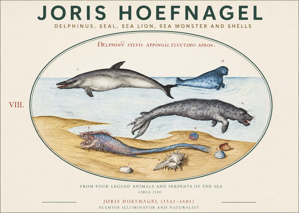 Joris Hoefnagel Delphinus, Seal, Sea Lion, Sea Monster and Shells No3 - Poster