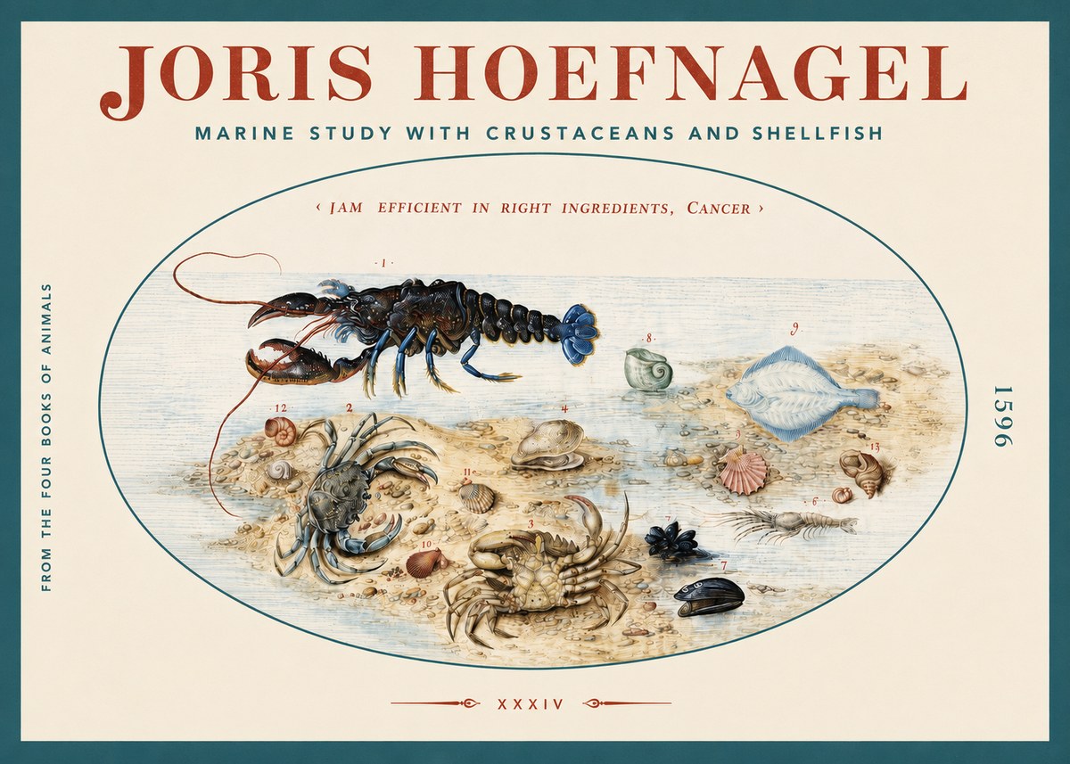 Joris Hoefnagel Marine Study with Crustaceans and Shellfish No3 - Poster