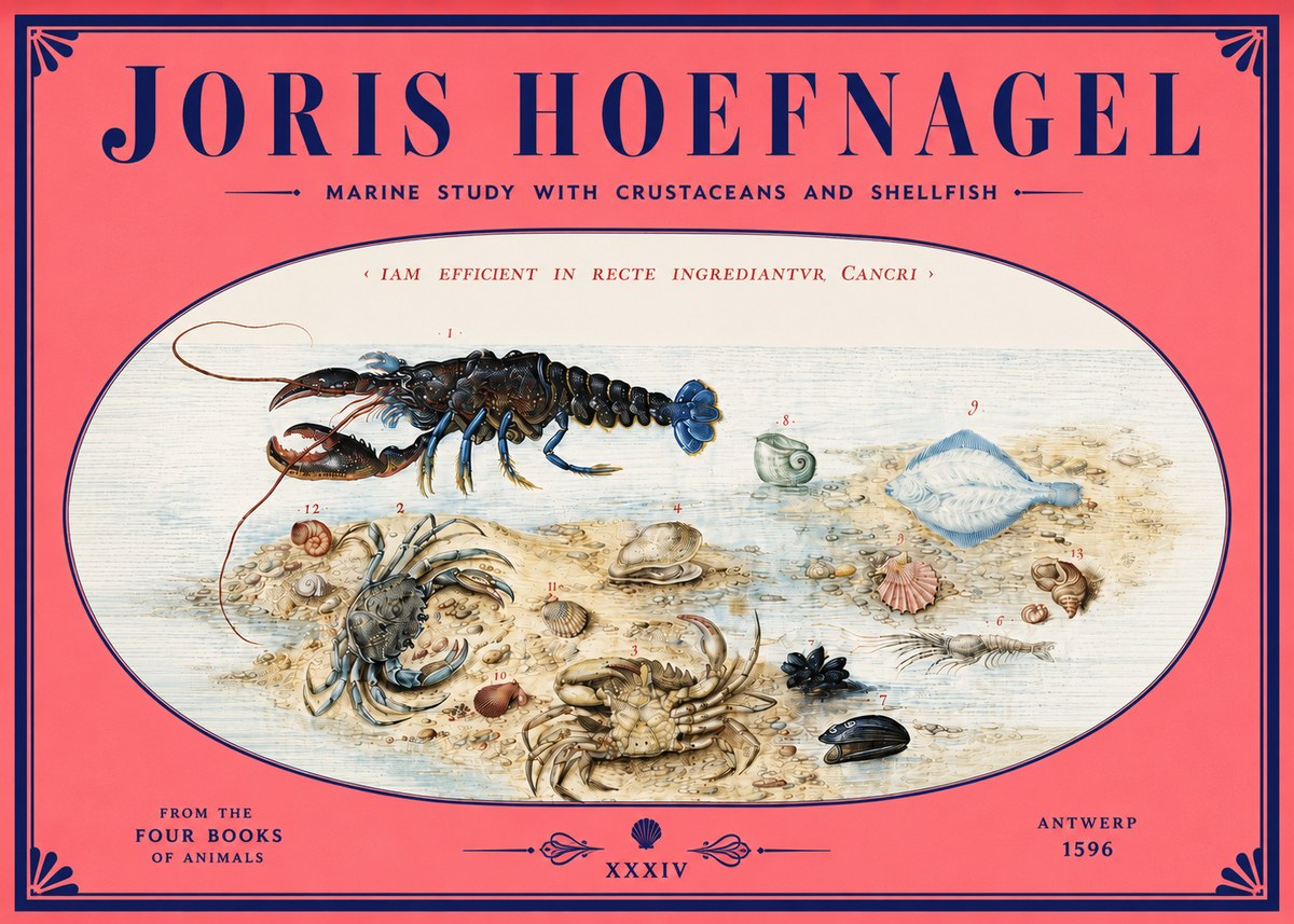 Joris Hoefnagel Marine Study with Crustaceans and Shellfish No4 - Poster