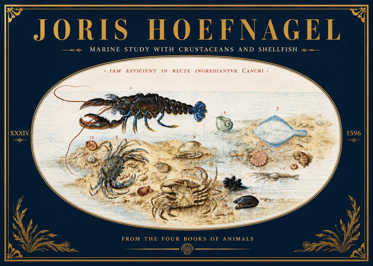 Joris Hoefnagel Marine Study with Crustaceans and Shellfish No6 - Poster
