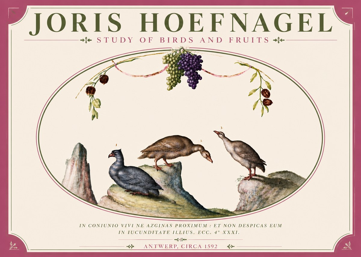 Joris Hoefnagel Three Birds with Grapes and Inscription No6 - Poster
