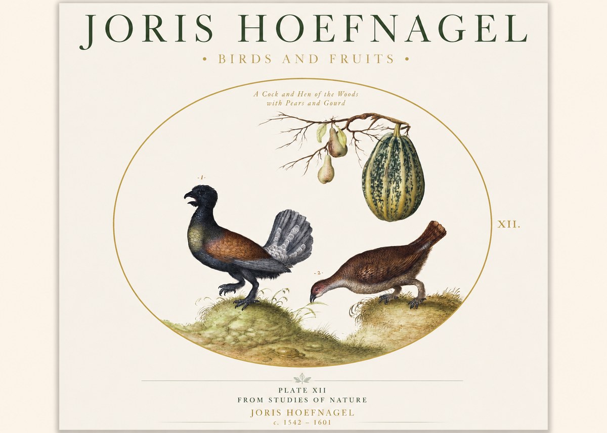 Joris Hoefnagel A Cock and Hen of the Woods with Pears and Gourd No1 - Poster