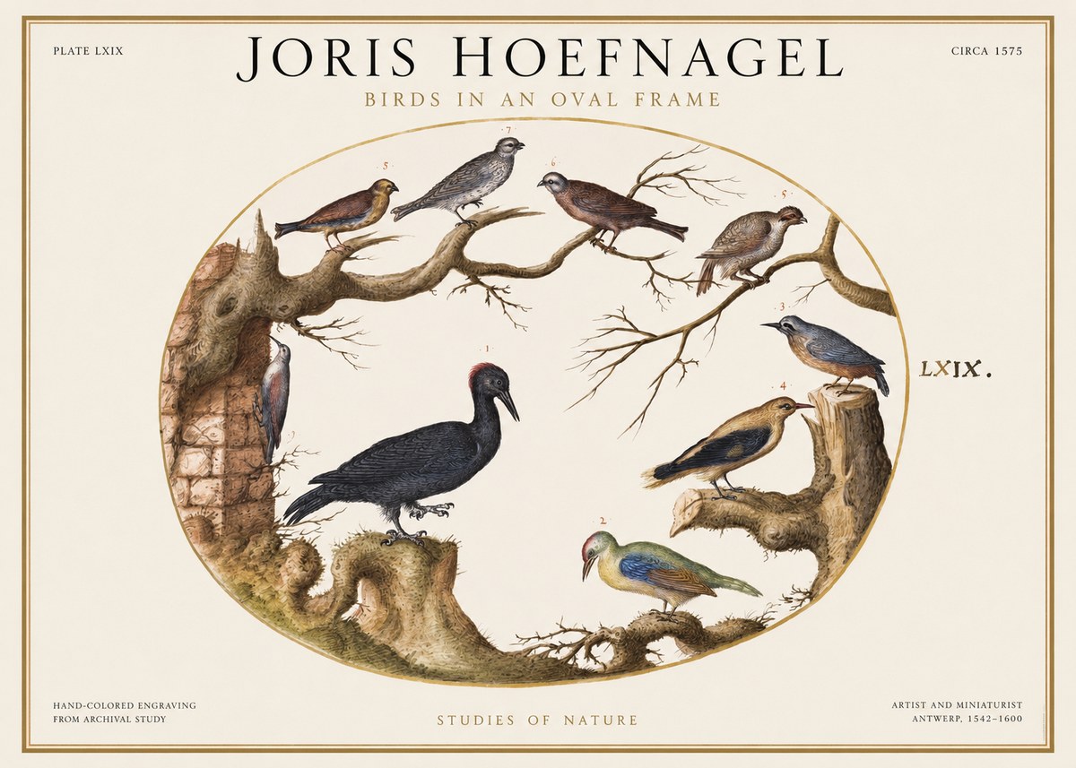 Joris Hoefnagel Birds in an Oval Frame No1 - Poster