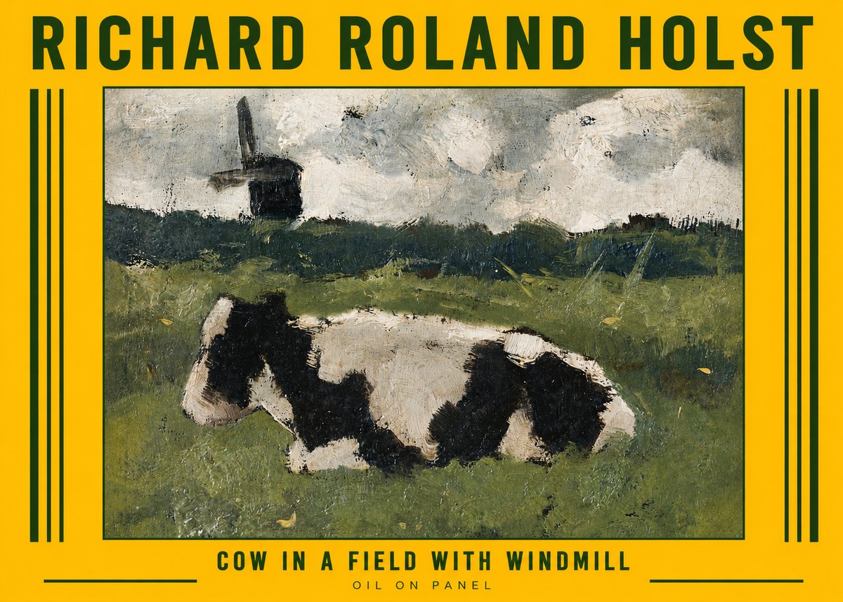 Richard Roland Holst Cow in a Field with Windmill No6 - Poster