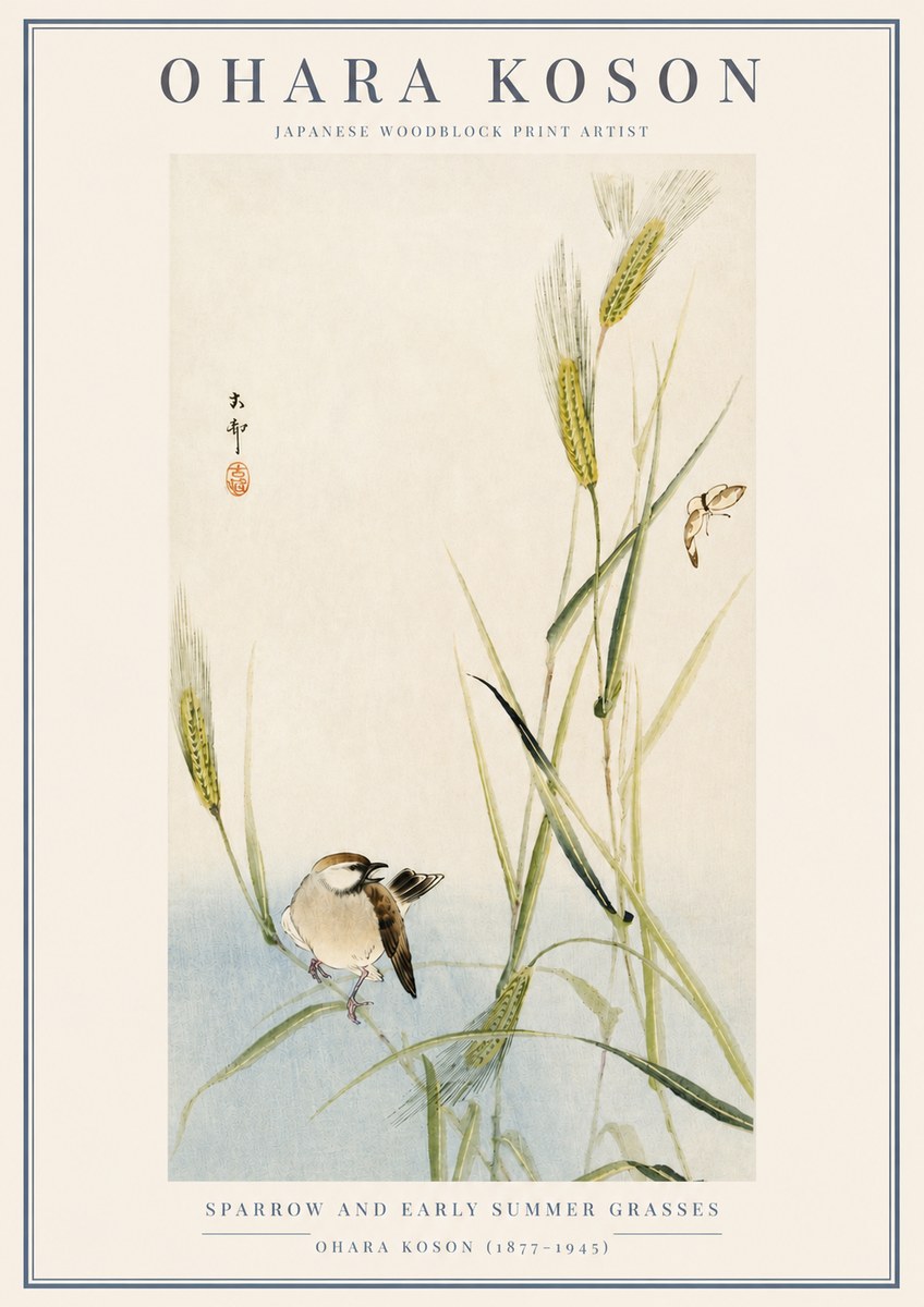Ohara Koson Sparrow and Early Summer Grasses No3 - Poster