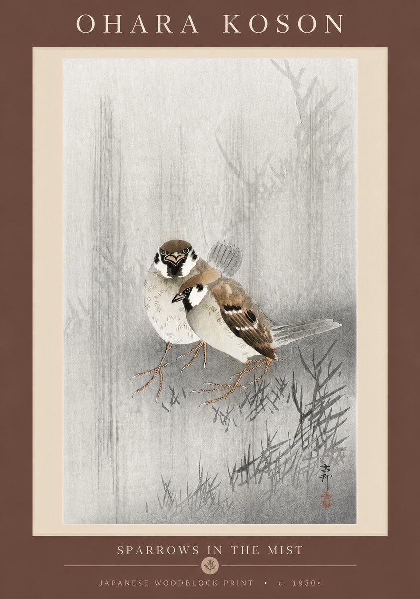 Ohara Koson Sparrows in the Mist No5 - Poster