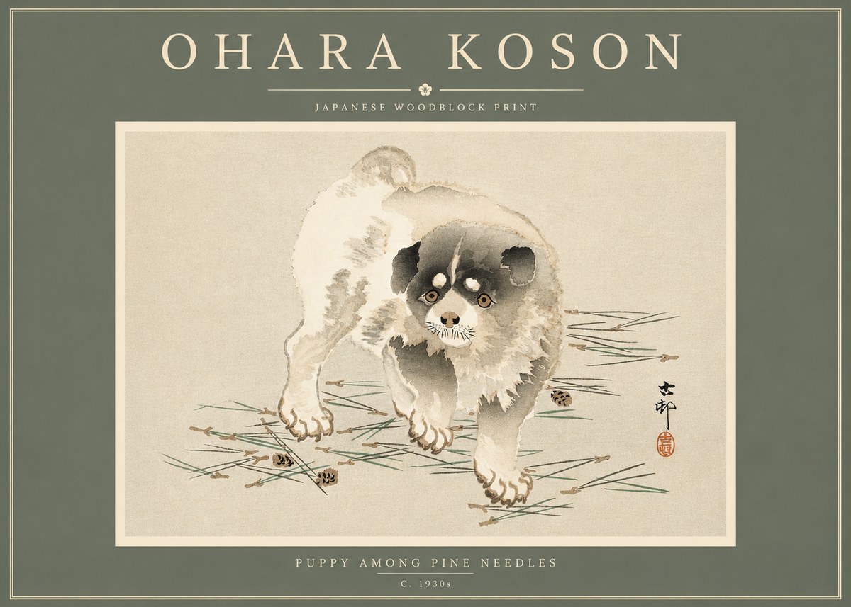 Ohara Koson Puppy Among Pine Needles No4 - Poster