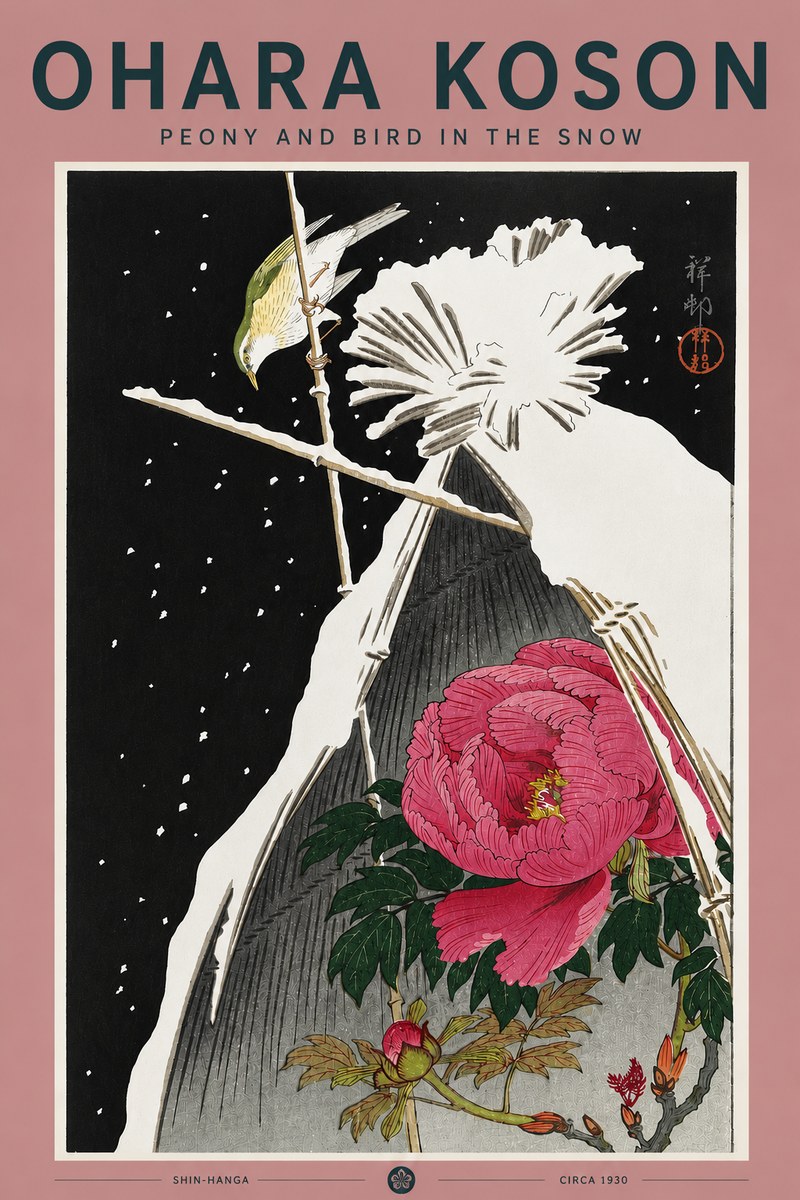 Ohara Koson Peony and Bird in the Snow No5 - Poster