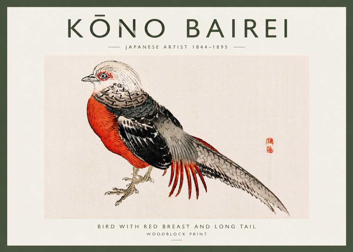 Kōno Bairei Bird with Red Breast and Long Tail No6 - Poster
