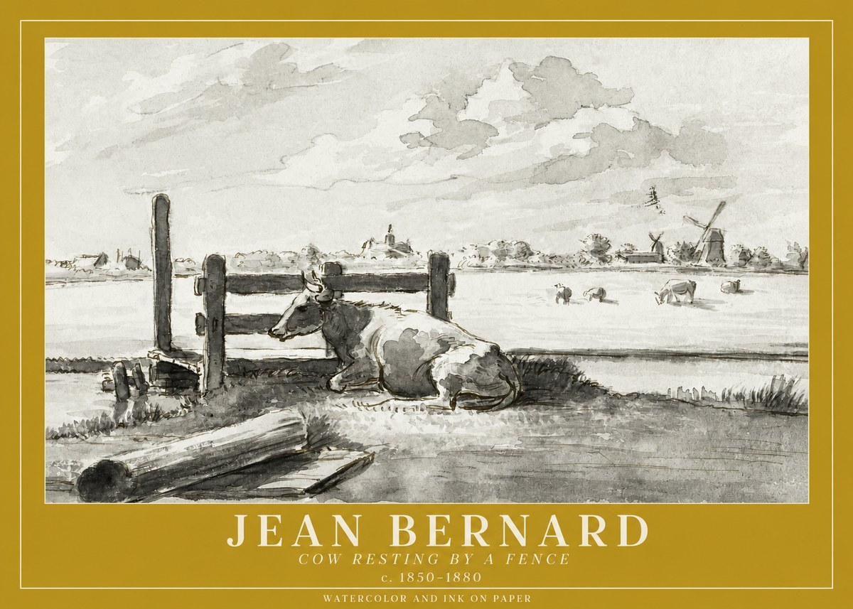 Jean Bernard Cow Resting by a Fence No1 - Poster