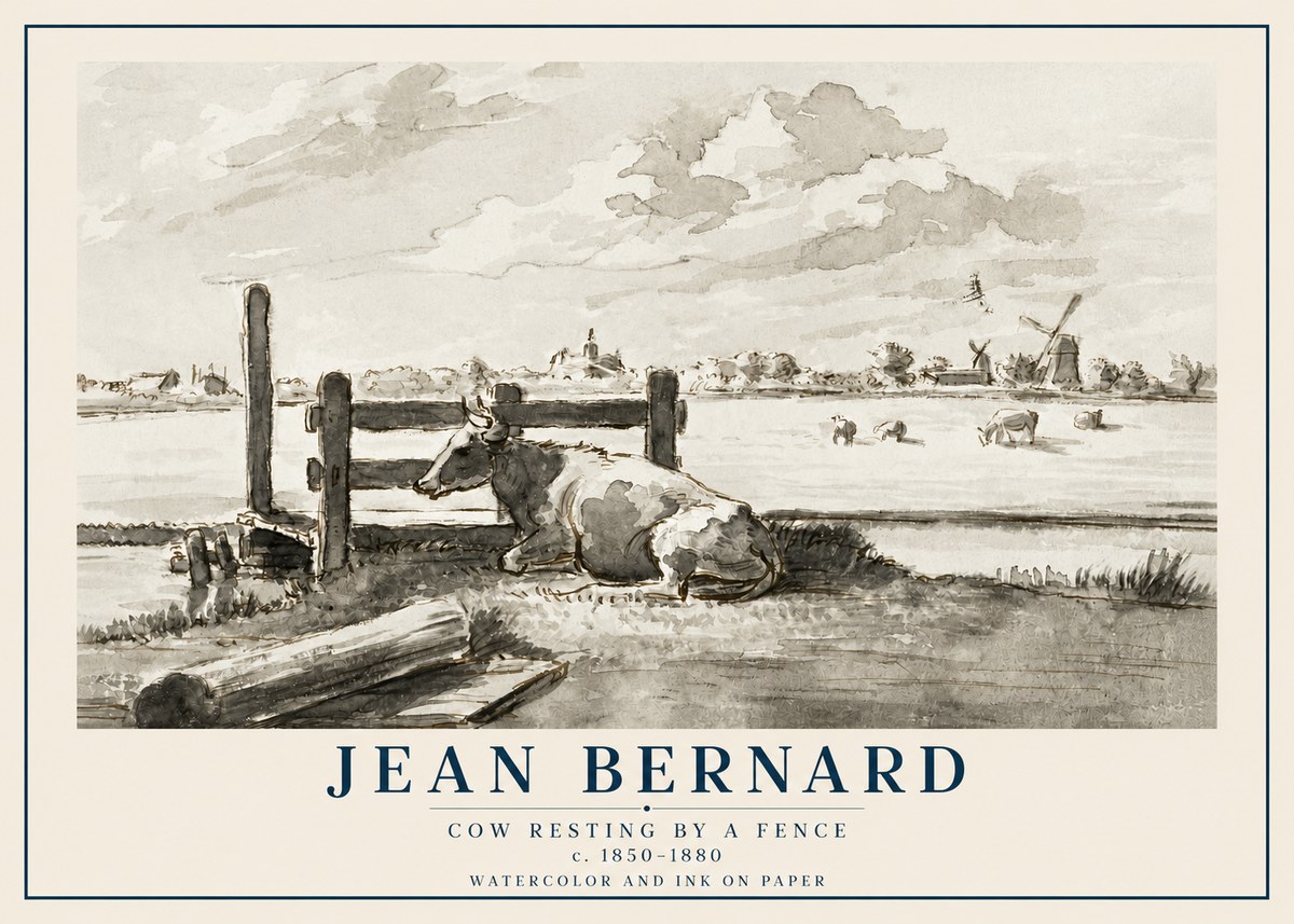 Jean Bernard Cow Resting by a Fence No2 - Poster