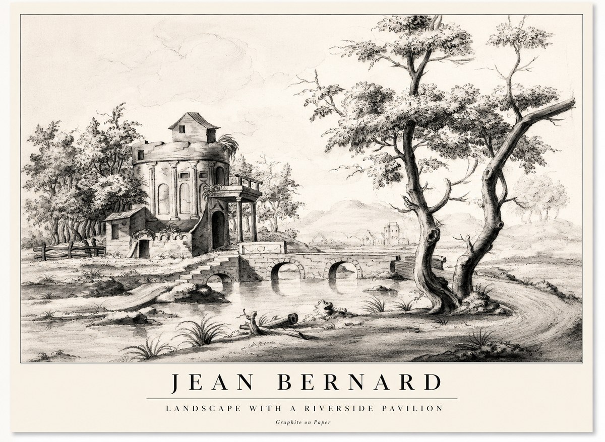 Jean Bernard Riverside Landscape with Bridge and Tower No2 - Poster