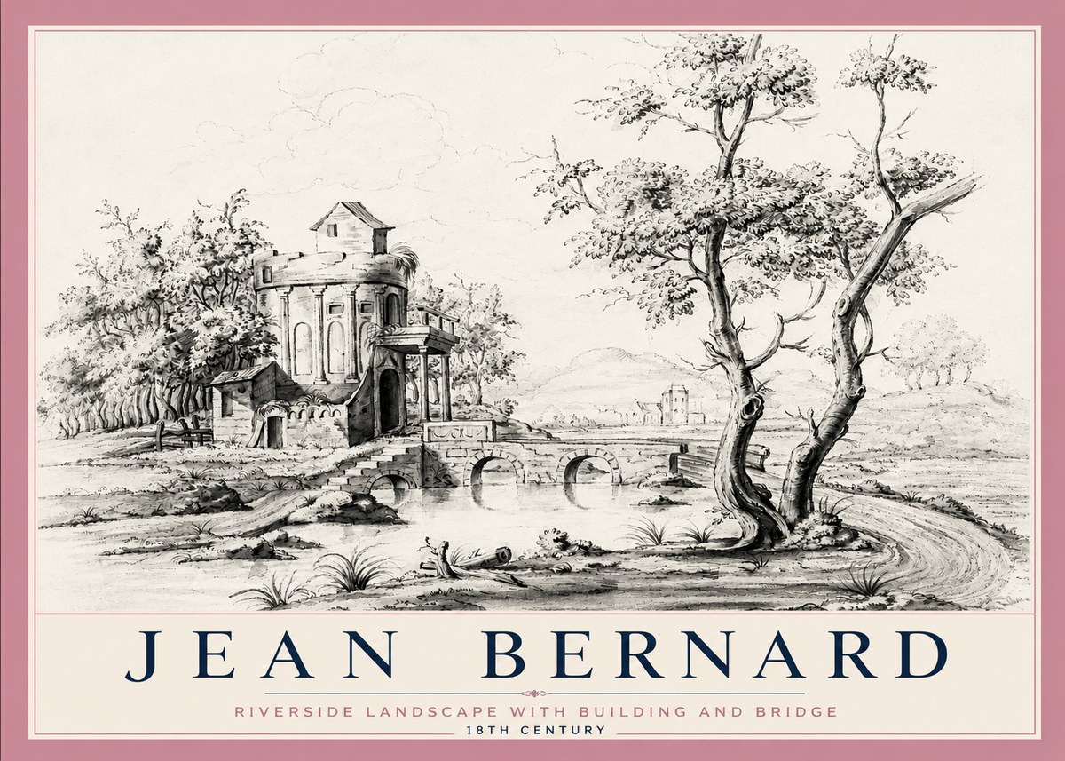 Jean Bernard Riverside Landscape with Bridge and Tower No6 - Poster