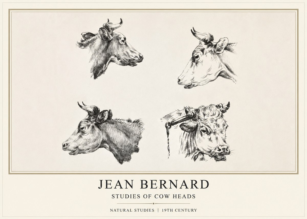 Jean Bernard Studies of Cattle - Four Heads No2 - Poster