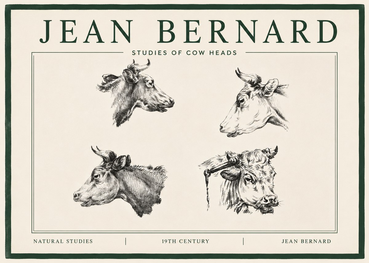Jean Bernard Studies of Cattle - Four Heads No4 - Poster