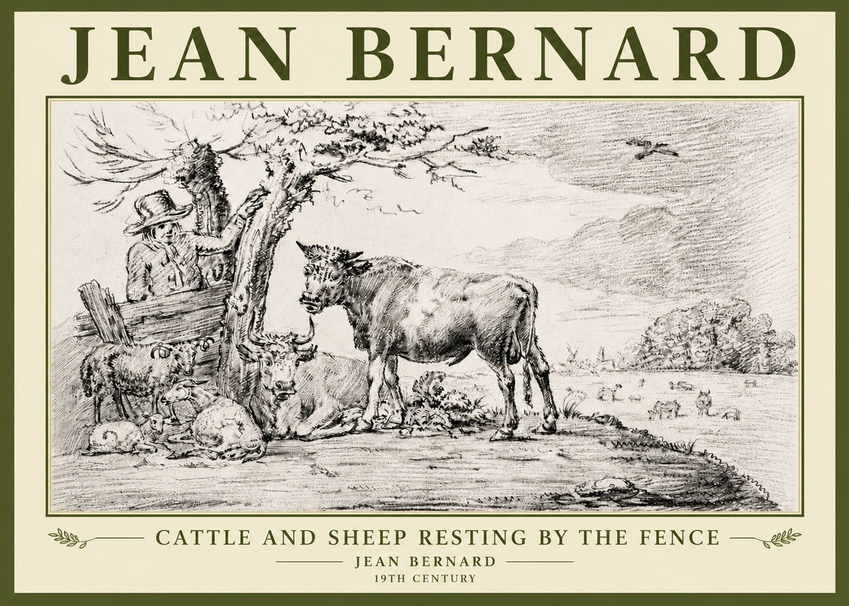 Jean Bernard Cattle and Sheep Resting by the Fence No5 - Poster