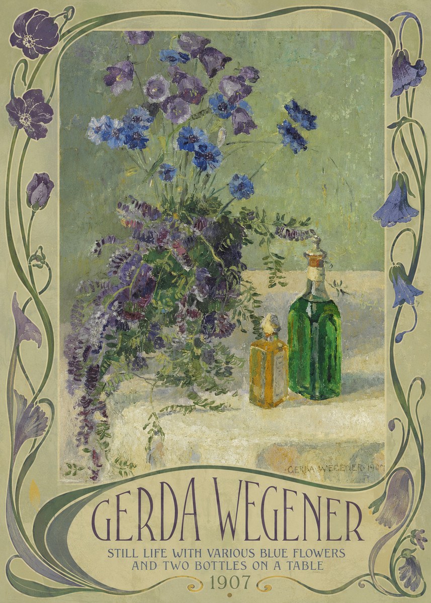 Gerda Wegener Still Life with Various Blue Flowers and Two Bottles on a Table No2 - Poster
