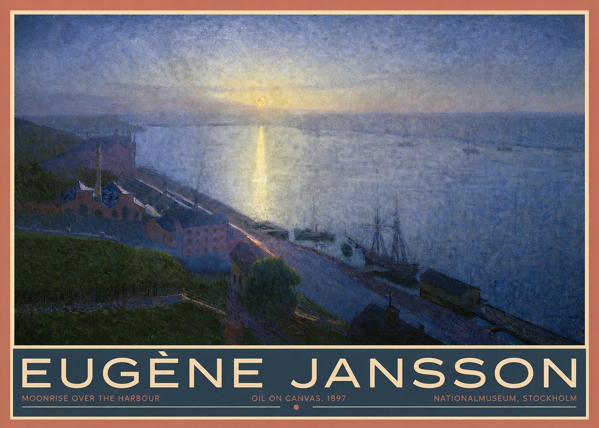Eugène Jansson Moonrise over the Harbour No3 - Poster