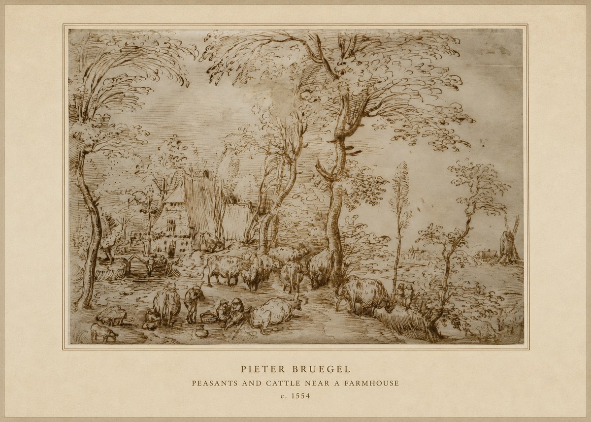 Pieter Bruegel Peasants and Cattle Near a Farmhouse No4 - Poster