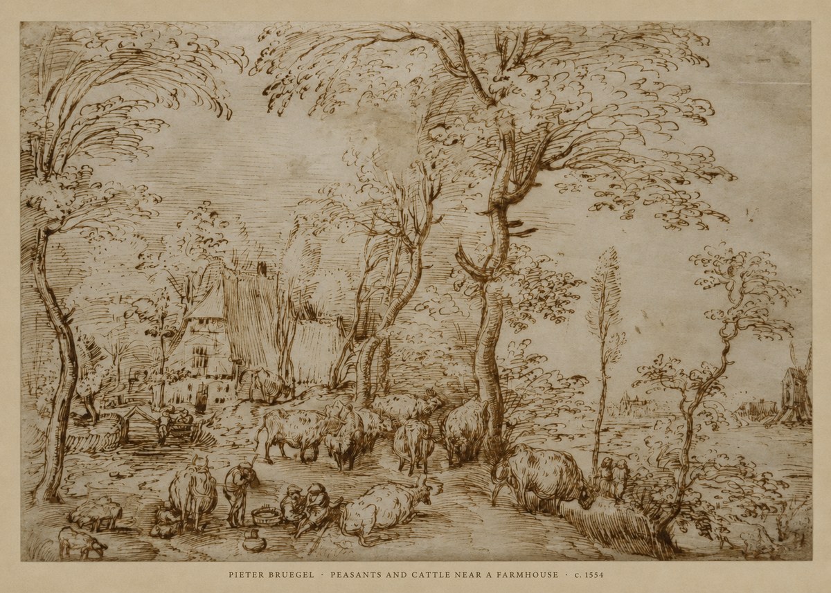 Pieter Bruegel Peasants and Cattle Near a Farmhouse No6 - Poster