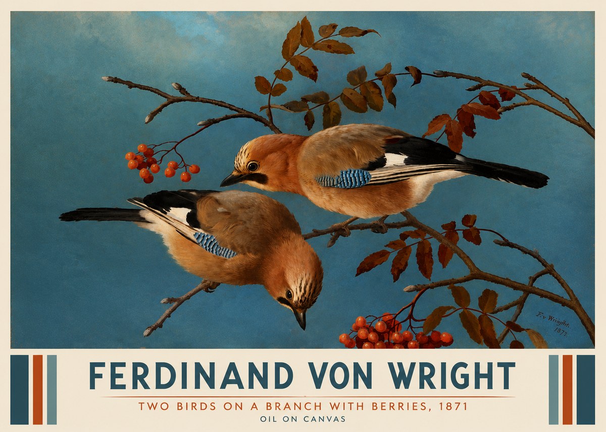 Ferdinand von Wright Two Birds on a Branch with Berries, 1871 No3 - Poster