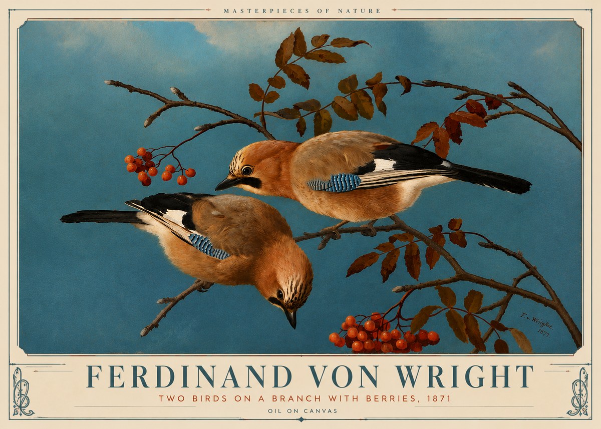 Ferdinand von Wright Two Birds on a Branch with Berries, 1871 No6 - Poster